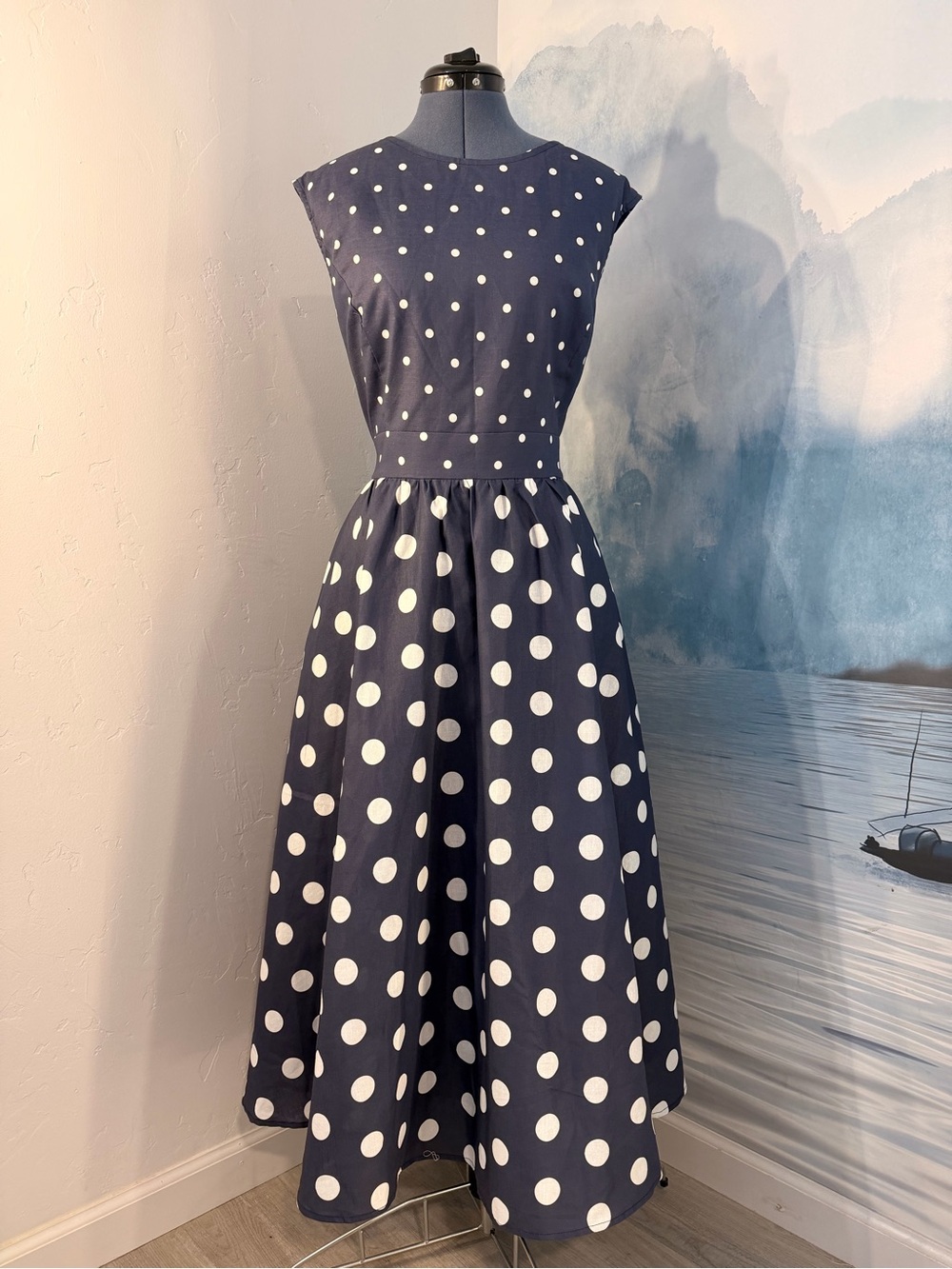 Classic Navy Polka Dot Fit-and-Flare Dress 338